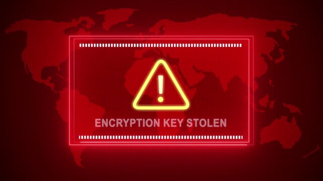 Encryption key stolen  warning. Cybersecurity defense and system protection from hackers, secure digital systems, cyberattack prevention. Digital security and risk control.
