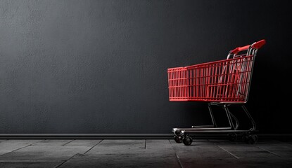 Red shopping cart against dark wall