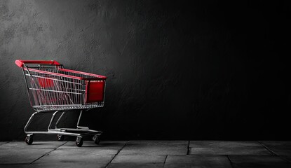 Empty shopping cart against a dark wall