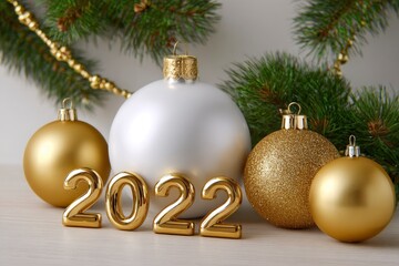 Gold 2022 stands before white  gold ornaments pine sprigs on a pale surface