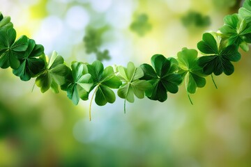 Delicate shamrock garland against a soft, out-of-focus springtime background