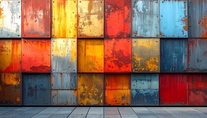 Colorful, textured metal panels on a wall