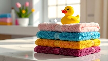 Colorful towels and a duck in a bathroom