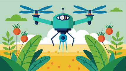 A flying robotic system equipped with ultrasonic sensors scans the crops for any signs of insect damage allowing for early intervention and prevention of widespread damage.. Vector illustration