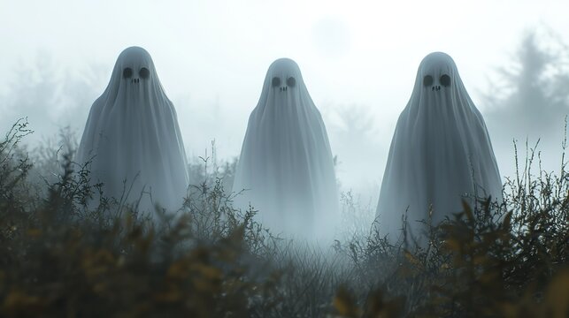 Three Ghosts Standing in a Misty Field with Skeleton - like Faces