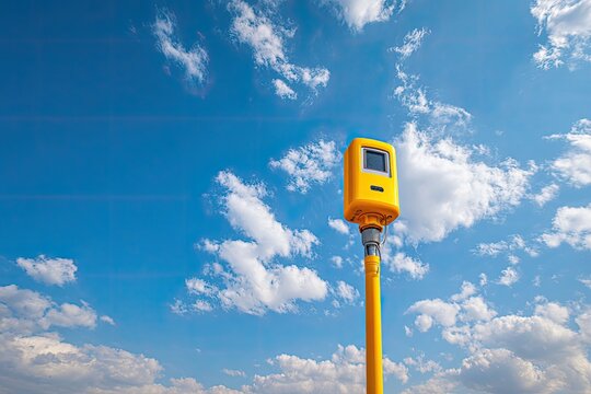 Yellow box camera on a pole against a bright blue sky