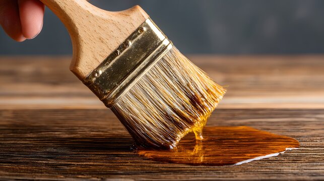 Hand brushing wood varnish on wooden surface for finishing. - Powered by Adobe