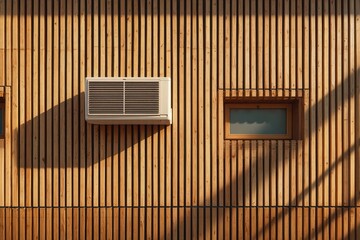 Wooden wall with air conditioning unit and window