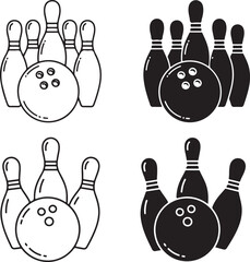  Bowling ball and pins icons. Minimalist outline and silhouette vector with fine details.eps