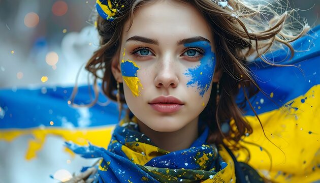 Close-up portrait of a woman with Ukrainian colors on her face and clothes