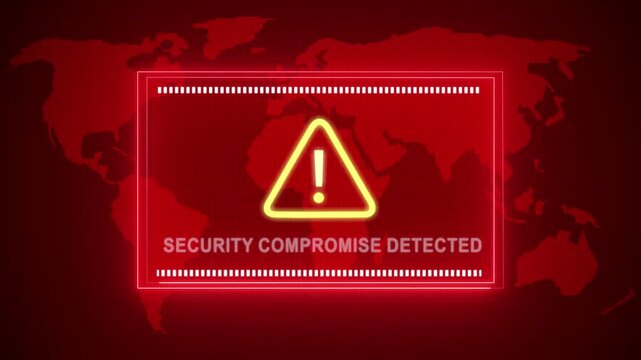 Security compromise detected warning. Cybersecurity defense and system protection from hackers, secure digital systems, cyberattack prevention. Digital security and risk control.