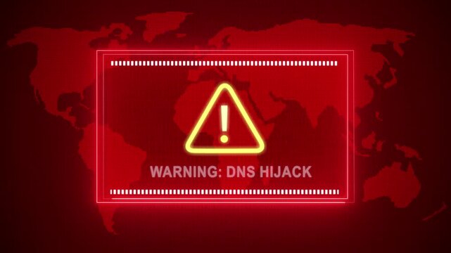 Warning: DNS hijack warning. Cybersecurity defense and system protection from hackers, secure digital systems, cyberattack prevention. Digital security and risk control.
