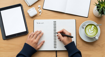 Hands writing to-do list in notebook on desk with tablet and coffee