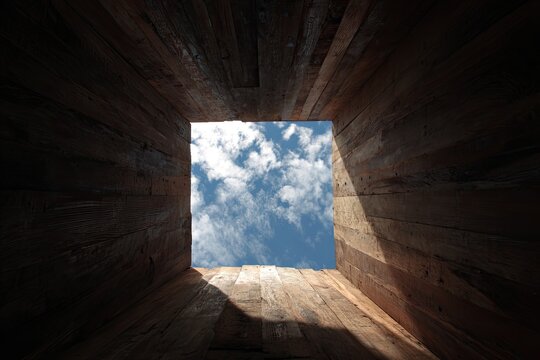 Wooden box looking up at sky (1)