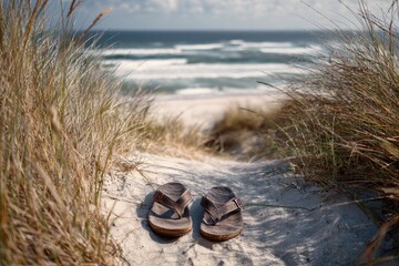 Sandals on a sandy beach path.  Ocean view