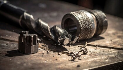 Metal drill bits and accessories on a workbench