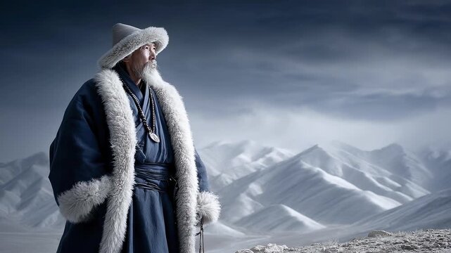 Mongolian Elder in Traditional Attire Gazing into the Distance