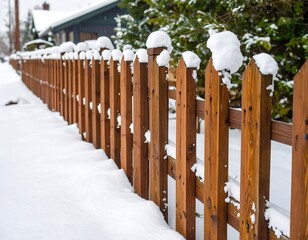 Wooden picket fence covered in snow.  A winter scene