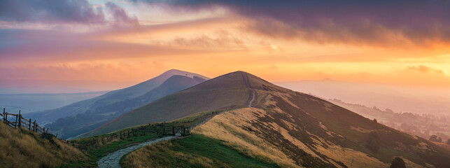 Mam Tor mountain at sunrise in Peak District. United Kingdom