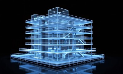 Modern digital wireframe building blueprint, sharp angles and details