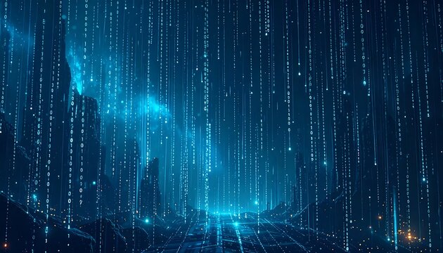 Futuristic cityscape bathed in digital rain