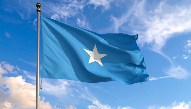 A waving Somali flag against a partly cloudy sky