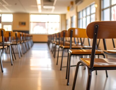 Empty classroom chairs in a row