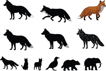 Animal silhouette and vector illustration set featuring fox, bear, cat, bird, elephant, wildlife shapes, polygon design, detailed drawing
