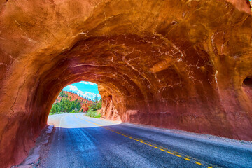 Red Canyon Tunnel Scenic Road and Red Rock Formations in Utah