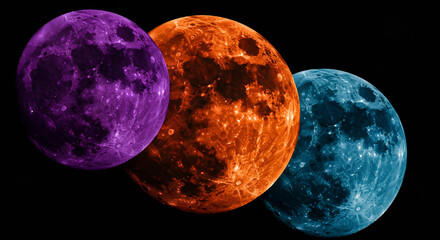 Obraz premium Colorful moons in purple, orange, and blue against a black background, creating a unique cosmic abstract effect.