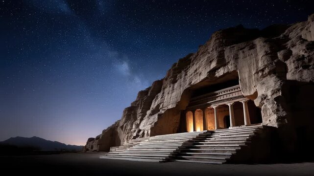 Ancient architectural ruins under the starry sky are mysterious and magnificent