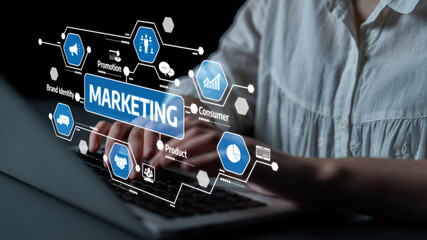 A person types on a laptop with marketing strategy graphics displayed, emphasizing digital communication and innovative tactics for enhancing business growth. Tessel