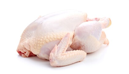 Whole raw chicken on white background