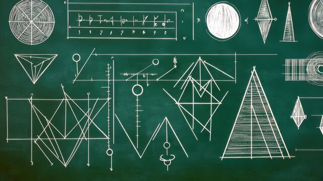 Complex geometric shapes and patterns illustrated on chalkboard in motion sequence - Powered by Adobe