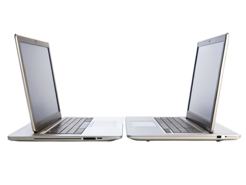 Two open laptops facing each other on a cutout png isolated on a transparent background