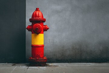 Red fire hydrant against a gray wall (1)