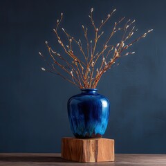 A blue vase with pussy willow branches against a dark background