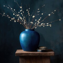 Still life of a blue vase with pussy willow branches