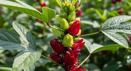 Close-up of vibrant red roselle calyces and green buds growing on a plant in a sunny field, with fresh green leaves visible.