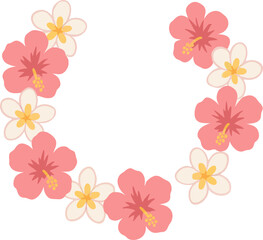 Floral lei with pink hibiscus whitepink plumeria arranged in an open semicircle isolated on a white background