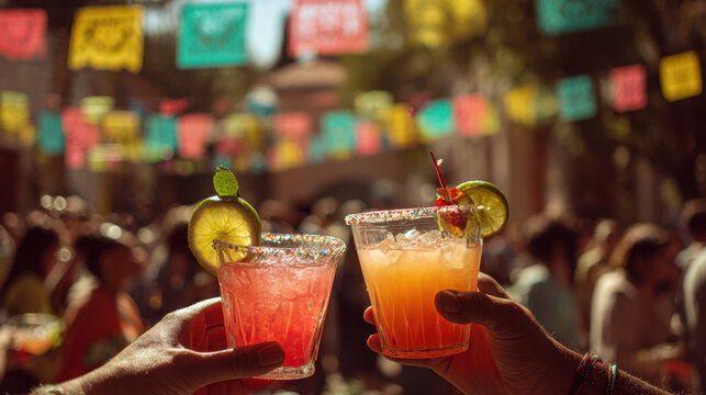 Colorful cocktails clinking together against a vibrant background filled with festive decorations and a lively crowd enjoying a sunny outdoor celebration.