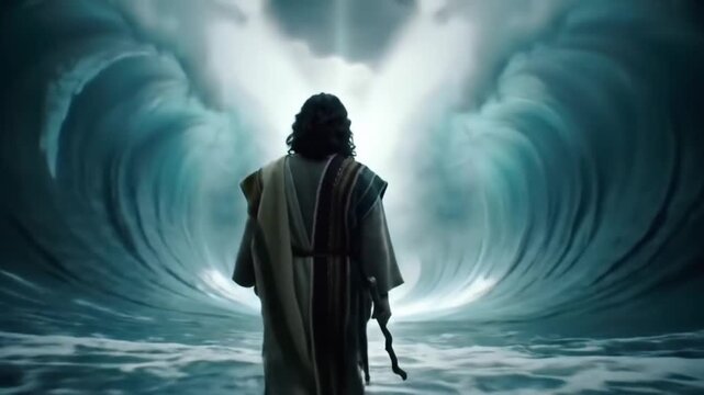 prophet moses makes the sea part away and walk between the high rise sea
