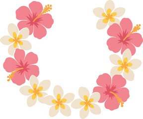 Obraz premium Floral lei with pink hibiscus whitepink plumeria arranged in an open semicircle isolated on a white background