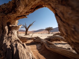Dried trees and desert through a deadwood archway