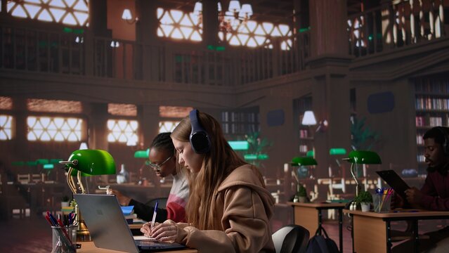 College student participates at online webinar course with headphones in the library, takes notes and learns about law in a non traditional live event. Girl listens to academic experts. Camera B.