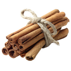 A bundle of cinnamon sticks tied with twine, isolated on a transparent background. background removed