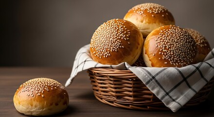 Golden Sesame Seed Buns in Rustic Basket - Warm Bakery Delight.