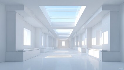 Fototapeta premium Empty white hallway with skylights