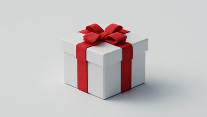 A white gift box with a red ribbon bow