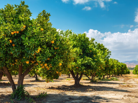 Lush orange grove with ripe fruit hanging on trees under a blue sky and scattered clouds, sunlight shining down on the vibrant greenery and earthy soil below. - Powered by Adobe